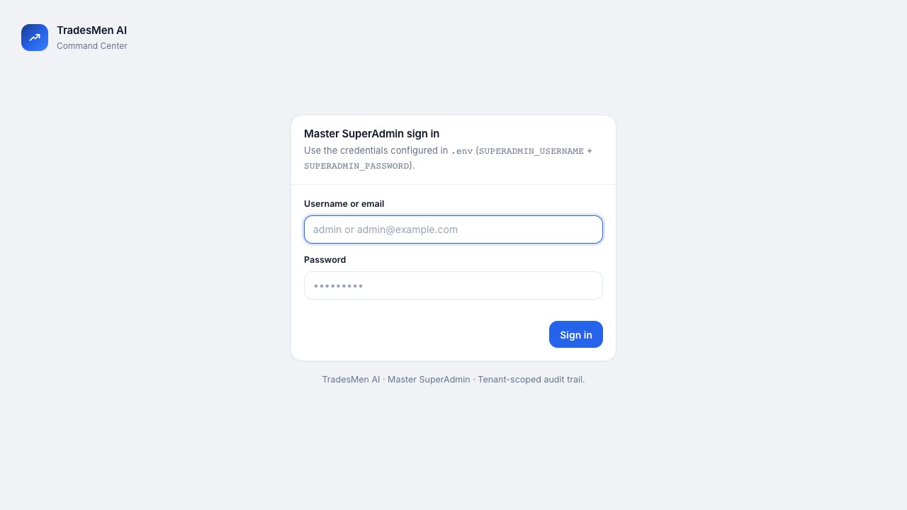 TradesMen AI admin governance dashboard preview